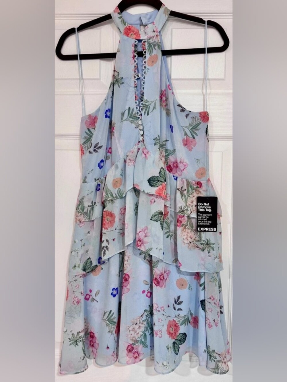 Express Light Blue Floral Halter Ruffle Dress